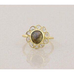 Gold Over Sterling Silver Natural Labradorite Polki Diamond Slice Ring Size 9.5